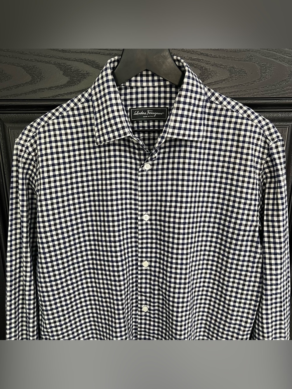 Salvatore Ferragamo Men’s Gingham Check Button Up Shirt Size M Black White Navy